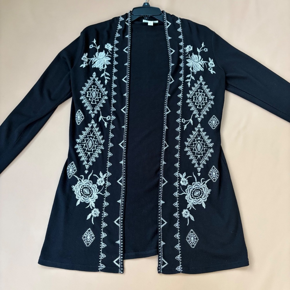 Nurture Womens Black White Embroidered Open Cardigan S Bohemian Lightweight